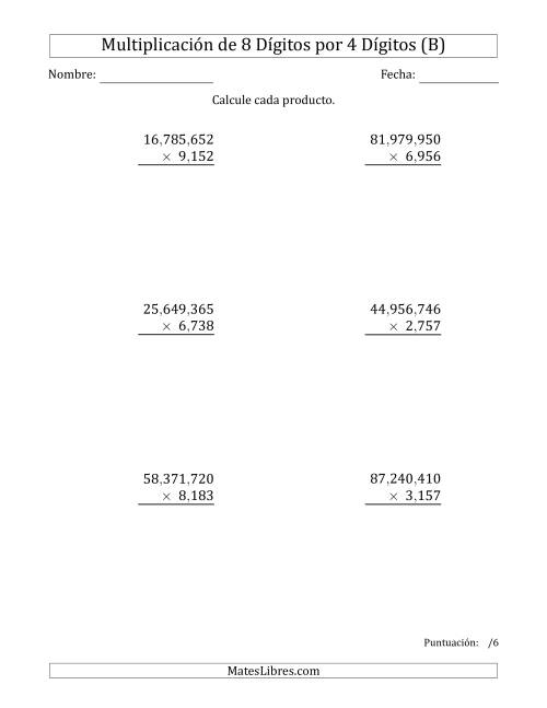 La hoja de ejercicios de Multiplicar Números de 8 Dígitos por 4 Dígitos Usando Comas como Separadores de Millares (B)