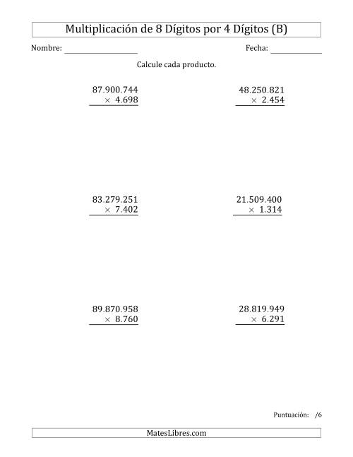 La hoja de ejercicios de Multiplicar Números de 8 Dígitos por 4 Dígitos Usando Puntos como Separadores de Millares (B)