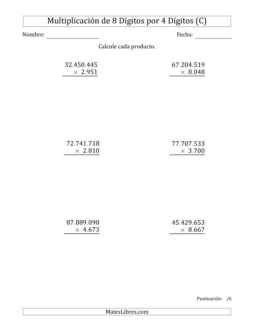 La hoja de ejercicios de Multiplicar Números de 8 Dígitos por 4 Dígitos Usando Puntos como Separadores de Millares (C)