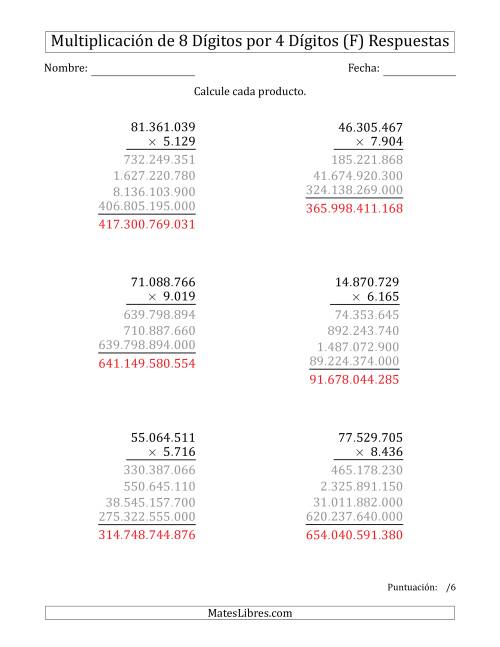 La hoja de ejercicios de Multiplicar Números de 8 Dígitos por 4 Dígitos Usando Puntos como Separadores de Millares (F) Página 2