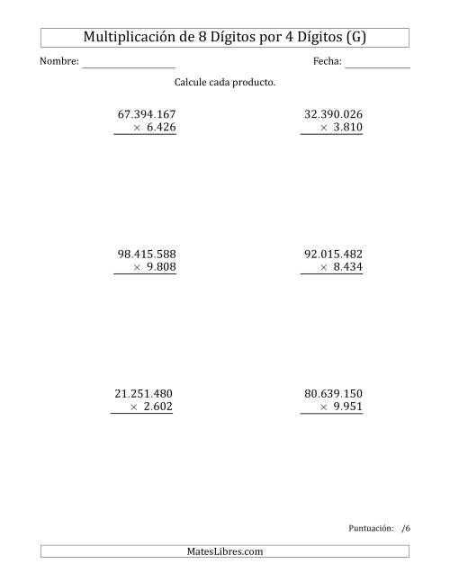 La hoja de ejercicios de Multiplicar Números de 8 Dígitos por 4 Dígitos Usando Puntos como Separadores de Millares (G)