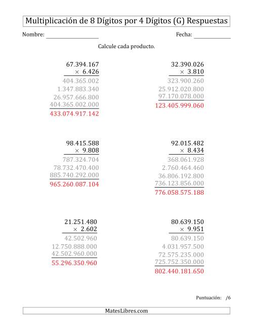 La hoja de ejercicios de Multiplicar Números de 8 Dígitos por 4 Dígitos Usando Puntos como Separadores de Millares (G) Página 2