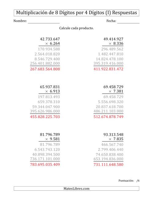 La hoja de ejercicios de Multiplicar Números de 8 Dígitos por 4 Dígitos Usando Puntos como Separadores de Millares (I) Página 2