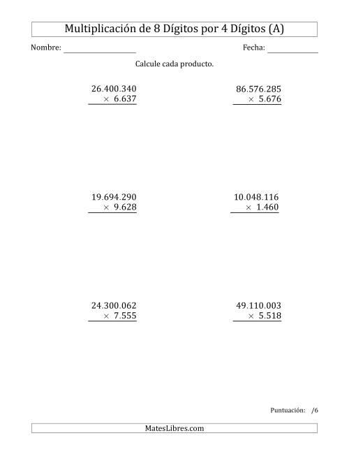 La hoja de ejercicios de Multiplicar Números de 8 Dígitos por 4 Dígitos Usando Puntos como Separadores de Millares (Todas)