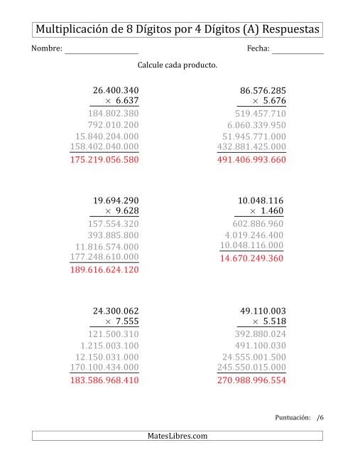 La hoja de ejercicios de Multiplicar Números de 8 Dígitos por 4 Dígitos Usando Puntos como Separadores de Millares (Todas) Página 2