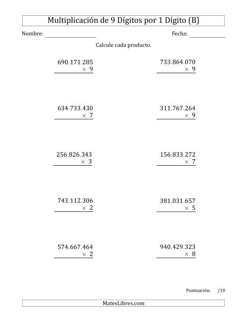 La hoja de ejercicios de Multiplicar Números de 9 Dígitos por 1 Dígito Usando Puntos como Separadores de Millares (B)