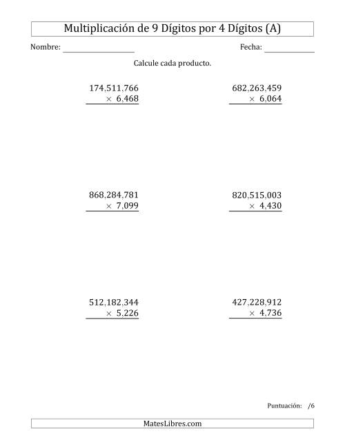 La hoja de ejercicios de Multiplicar Números de 9 Dígitos por 4 Dígitos Usando Comas como Separadores de Millares (A)