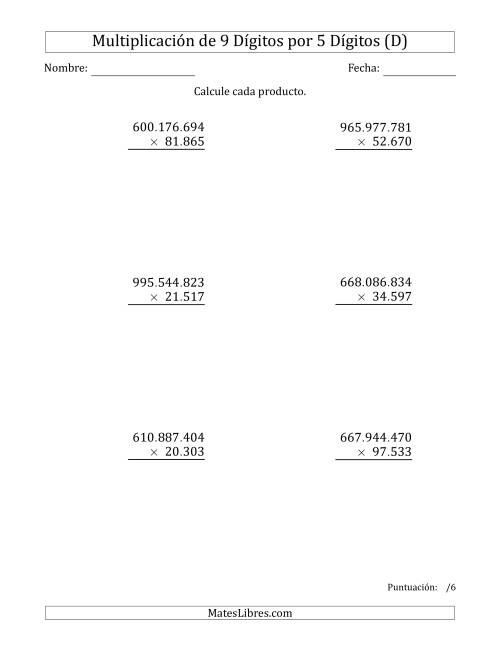 La hoja de ejercicios de Multiplicar Números de 9 Dígitos por 5 Dígitos Usando Puntos como Separadores de Millares (D)