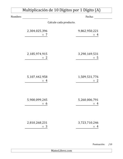 La hoja de ejercicios de Multiplicar Números de 10 Dígitos por 1 Dígito Usando Comas como Separadores de Millares (A)