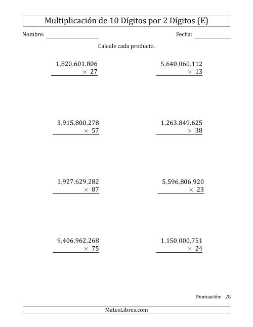La hoja de ejercicios de Multiplicar Números de 10 Dígitos por 2 Dígitos Usando Comas como Separadores de Millares (E)