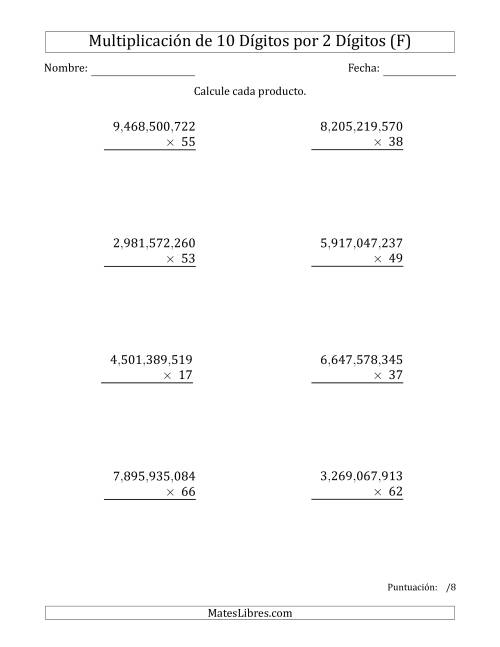 La hoja de ejercicios de Multiplicar Números de 10 Dígitos por 2 Dígitos Usando Comas como Separadores de Millares (F)