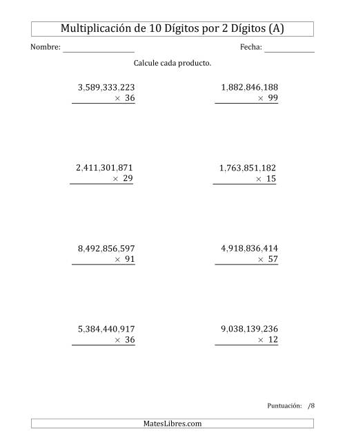 La hoja de ejercicios de Multiplicar Números de 10 Dígitos por 2 Dígitos Usando Comas como Separadores de Millares (Todas)