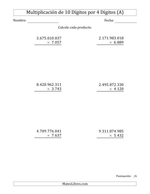 La hoja de ejercicios de Multiplicar Números de 10 Dígitos por 4 Dígitos Usando Puntos como Separadores de Millares (Todas)