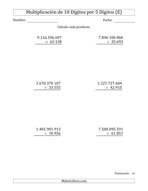 La hoja de ejercicios de Multiplicar Números de 10 Dígitos por 5 Dígitos Usando Puntos como Separadores de Millares (E)