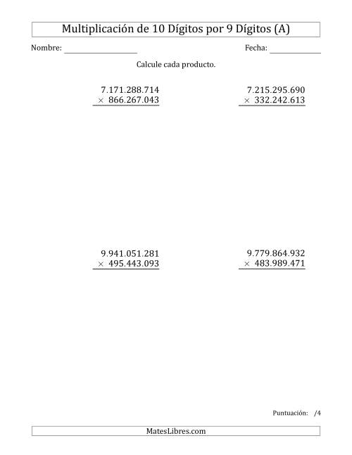 La hoja de ejercicios de Multiplicar Números de 10 Dígitos por 9 Dígitos Usando Puntos como Separadores de Millares (A)