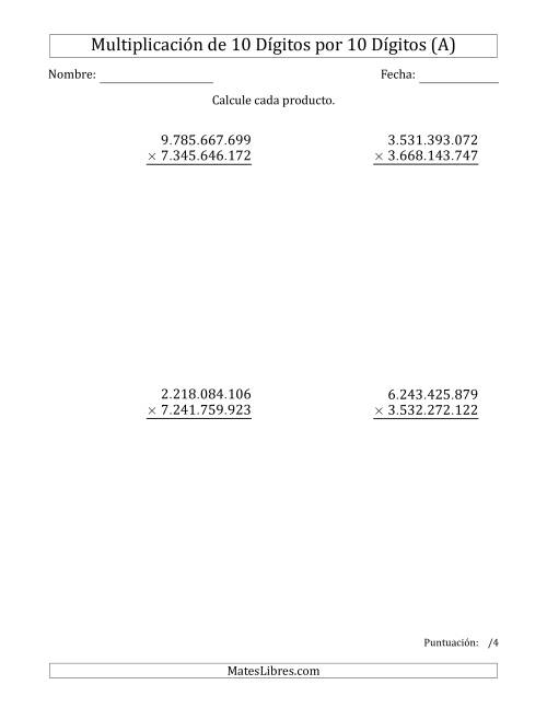 La hoja de ejercicios de Multiplicar Números de 10 Dígitos por 10 Dígitos Usando Puntos como Separadores de Millares (A)