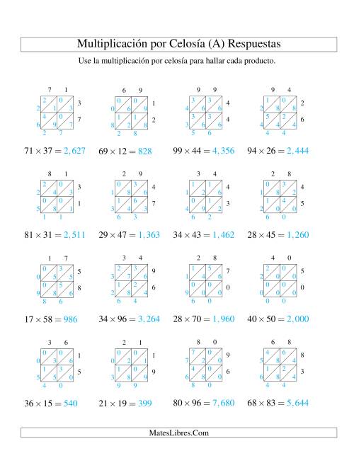 La hoja de ejercicios de Multiplicación por Celosía, Producto de Dos Dígitos por Dos Dígitos (A) Página 2