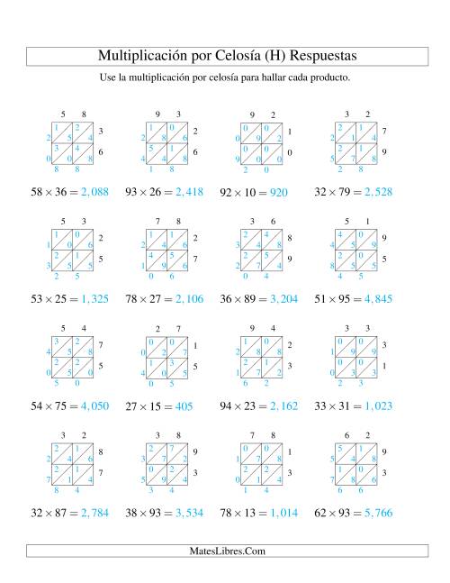 La hoja de ejercicios de Multiplicación por Celosía, Producto de Dos Dígitos por Dos Dígitos (H) Página 2