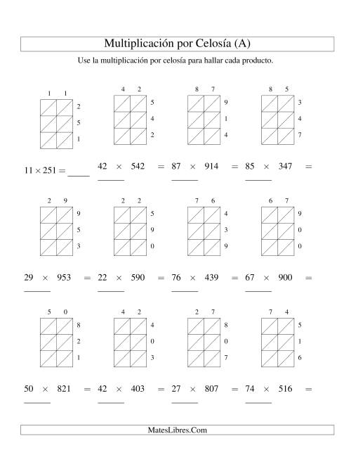 La hoja de ejercicios de Multiplicación por Celosía, Producto de Dos Dígitos por Tres Dígitos (A)
