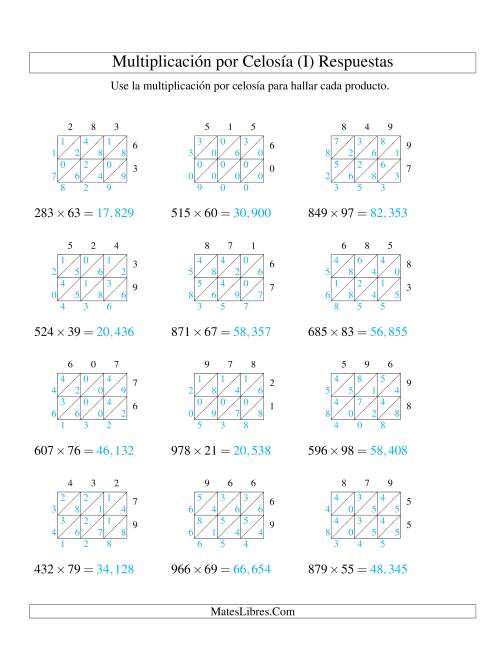 La hoja de ejercicios de Multiplicación por Celosía, Producto de Tres Dígitos por Dos Dígitos (I) Página 2