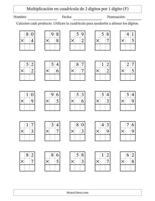 La hoja de ejercicios de Multiplicación con apoyo de cuadrícula de 2 dígitos por 1 dígito (F)