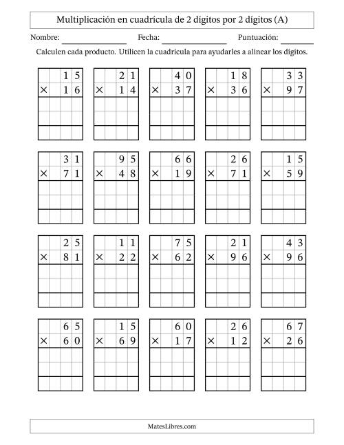 La hoja de ejercicios de Multiplicación con apoyo de cuadrícula de 2 dígitos por 2 dígitos (A)