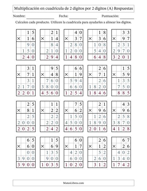 La hoja de ejercicios de Multiplicación con apoyo de cuadrícula de 2 dígitos por 2 dígitos (A) Página 2