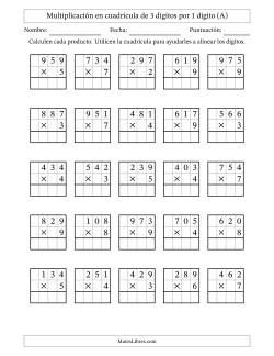 Multiplicación con apoyo de cuadrícula de 3 dígitos por 1 dígito