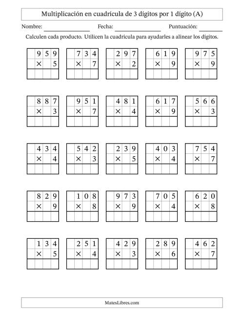 La hoja de ejercicios de Multiplicación con apoyo de cuadrícula de 3 dígitos por 1 dígito (A)