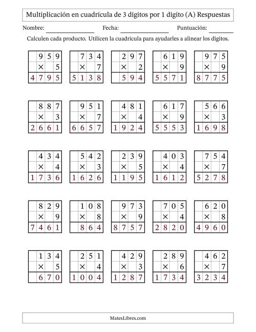 La hoja de ejercicios de Multiplicación con apoyo de cuadrícula de 3 dígitos por 1 dígito (A) Página 2