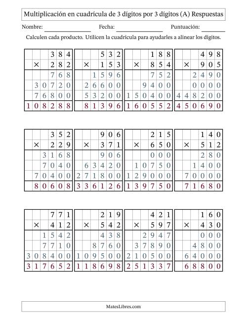 La hoja de ejercicios de Multiplicación con apoyo de cuadrícula de 3 dígitos por 3 dígitos (A) Página 2