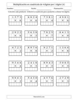 Multiplicación con apoyo de cuadrícula de 4 dígitos por 1 dígito