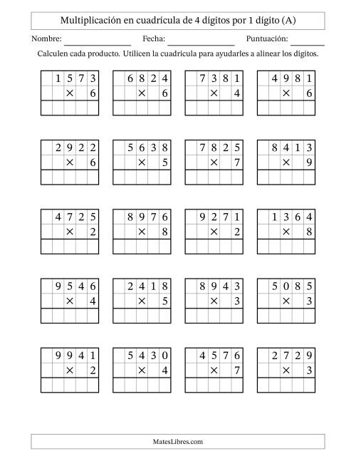 La hoja de ejercicios de Multiplicación con apoyo de cuadrícula de 4 dígitos por 1 dígito (A)