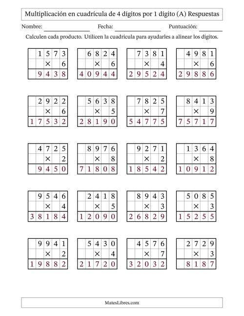 La hoja de ejercicios de Multiplicación con apoyo de cuadrícula de 4 dígitos por 1 dígito (A) Página 2