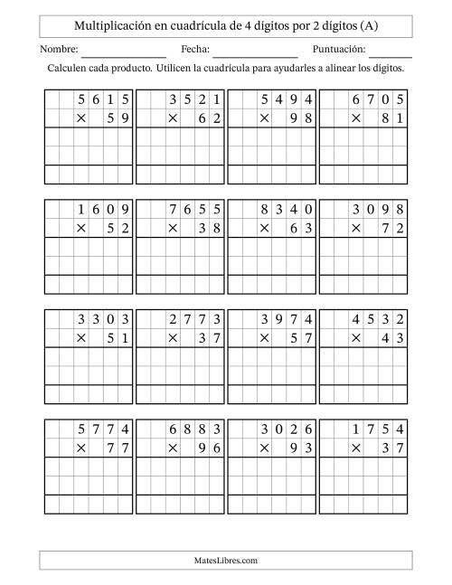 La hoja de ejercicios de Multiplicación con apoyo de cuadrícula de 4 dígitos por 2 dígitos (A)