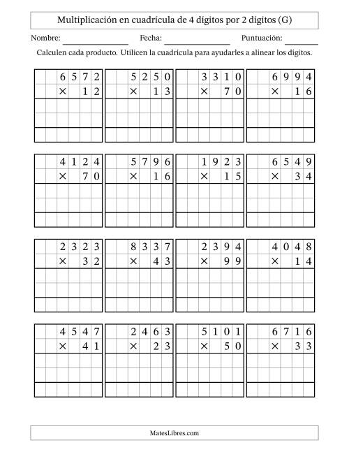 La hoja de ejercicios de Multiplicación con apoyo de cuadrícula de 4 dígitos por 2 dígitos (G)