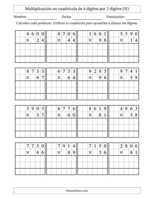 La hoja de ejercicios de Multiplicación con apoyo de cuadrícula de 4 dígitos por 2 dígitos (H)