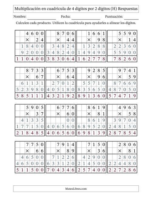 La hoja de ejercicios de Multiplicación con apoyo de cuadrícula de 4 dígitos por 2 dígitos (H) Página 2