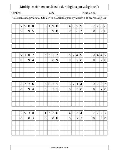La hoja de ejercicios de Multiplicación con apoyo de cuadrícula de 4 dígitos por 2 dígitos (I)
