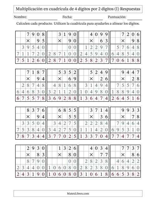 La hoja de ejercicios de Multiplicación con apoyo de cuadrícula de 4 dígitos por 2 dígitos (I) Página 2