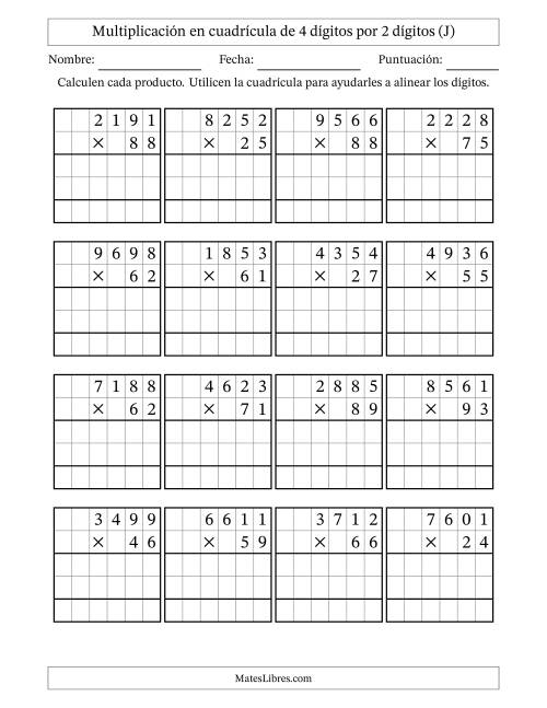 La hoja de ejercicios de Multiplicación con apoyo de cuadrícula de 4 dígitos por 2 dígitos (J)