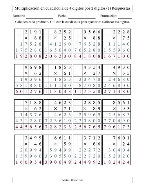 La hoja de ejercicios de Multiplicación con apoyo de cuadrícula de 4 dígitos por 2 dígitos (J) Página 2