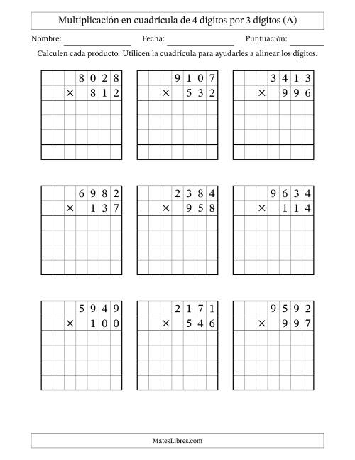 La hoja de ejercicios de Multiplicación con apoyo de cuadrícula de 4 dígitos por 3 dígitos (A)