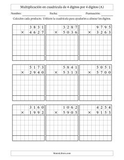 Multiplicación con apoyo de cuadrícula de 4 dígitos por 4 dígitos