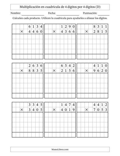 La hoja de ejercicios de Multiplicación con apoyo de cuadrícula de 4 dígitos por 4 dígitos (D)
