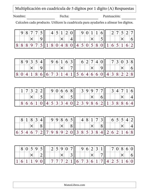 La hoja de ejercicios de Multiplicación con apoyo de cuadrícula de 5 dígitos por 1 dígito (Todas) Página 2