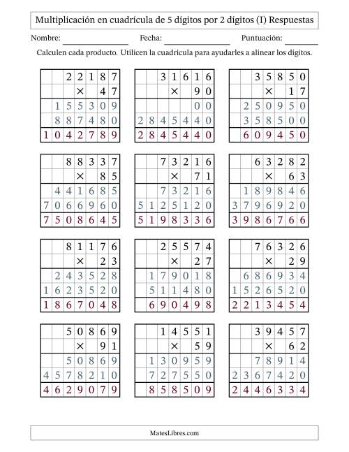 La hoja de ejercicios de Multiplicación con apoyo de cuadrícula de 5 dígitos por 2 dígitos (I) Página 2