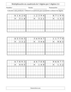 Multiplicación con apoyo de cuadrícula de 5 dígitos por 3 dígitos