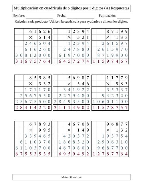 La hoja de ejercicios de Multiplicación con apoyo de cuadrícula de 5 dígitos por 3 dígitos (A) Página 2