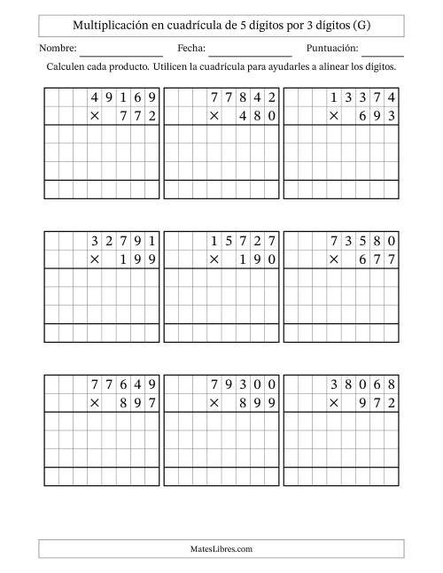 La hoja de ejercicios de Multiplicación con apoyo de cuadrícula de 5 dígitos por 3 dígitos (G)